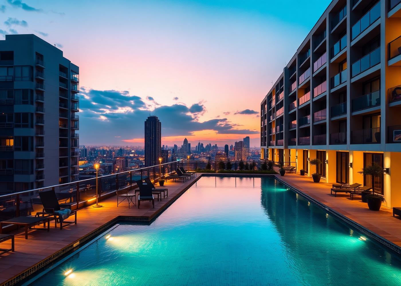 Piscina com deck e vista para a Zona Norte de São Paulo